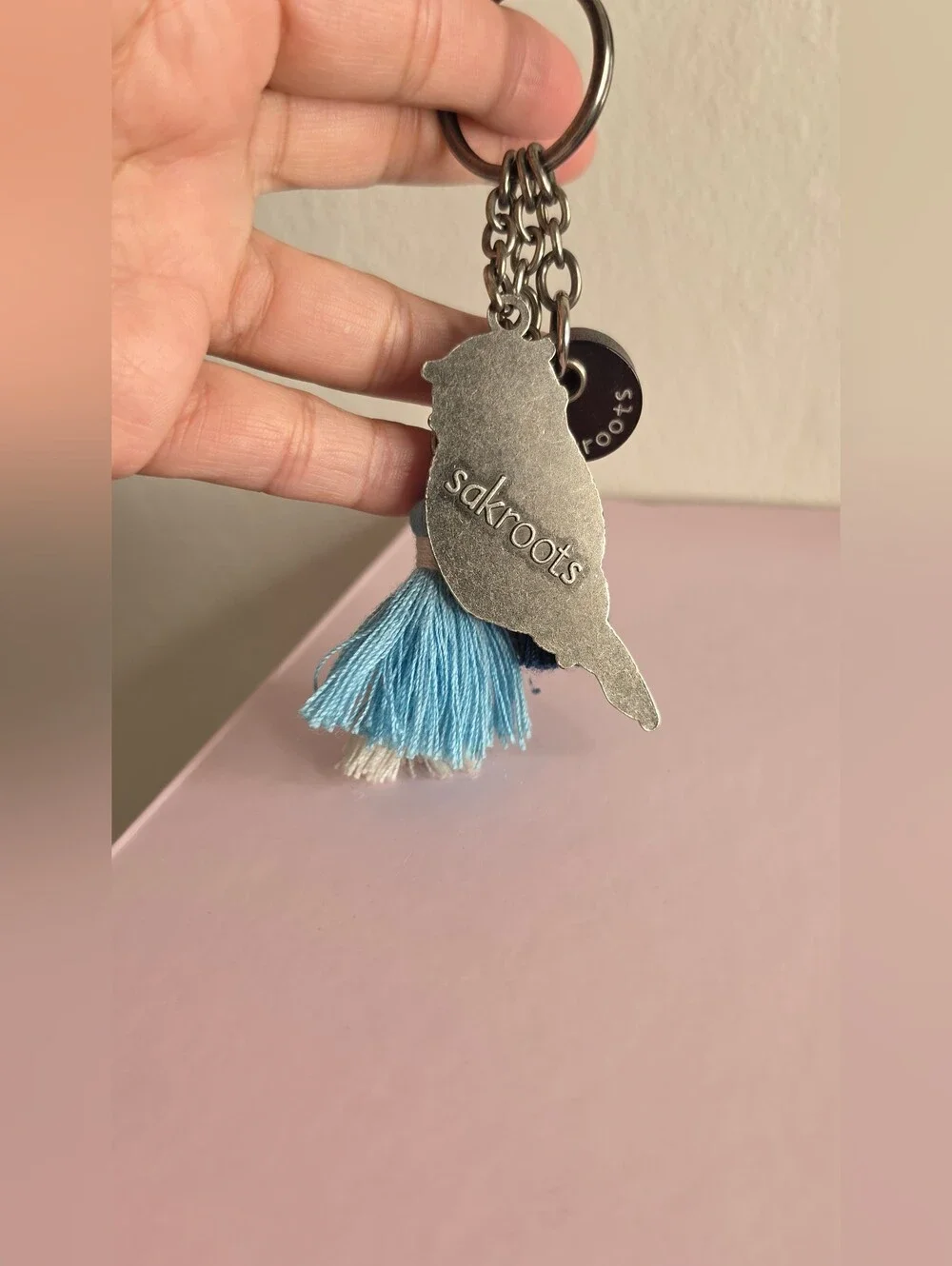 Sakroots Multicolor Enamel Owl Keychain with Blue & White Tassels